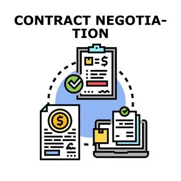 Contract negotiation process concept with documents and laptop Ilustración de archivo