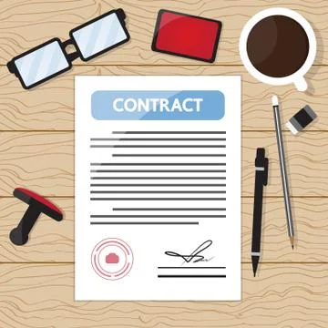 Contract paper on wood table. Stock Illustration