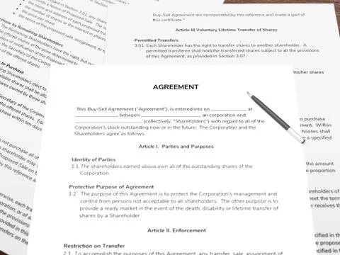 Contract papers with a pen on the table. 3D illustration. Illustrazione stock