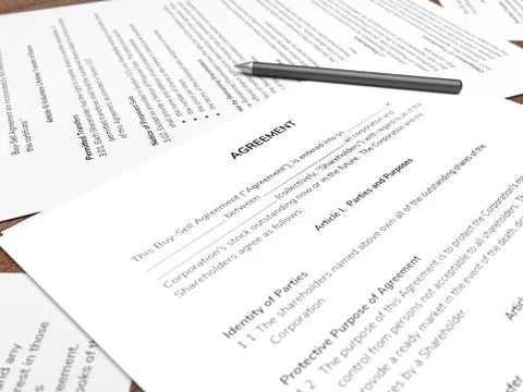 Contract papers with a pen on the table. 3D illustration. Stock-Illustration