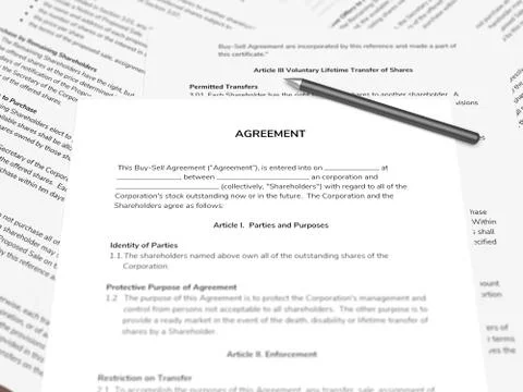 Contract papers with a pen on the table. 3D illustration. Illustrazione stock