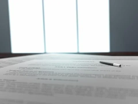 Contract papers with a pen on the table. 3D illustration. Illustrazione stock