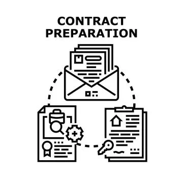 Contract preparation process with document review and agreement signing 스톡 일러스트