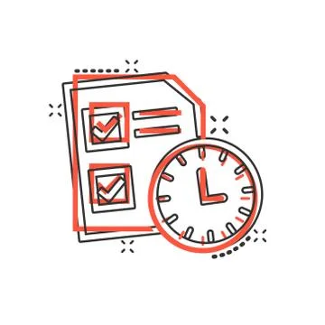 Contract time icon in comic style. Document with clock cartoon vector illustr Stock Illustration