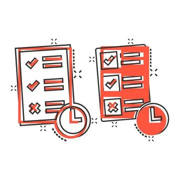 Contract time icon in comic style. Document with clock cartoon vector illustr Stock Illustration