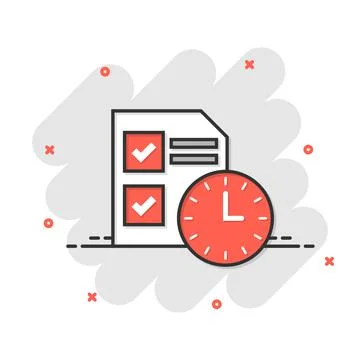 Contract time icon in comic style. Document with clock cartoon vector illustr Stock Illustration
