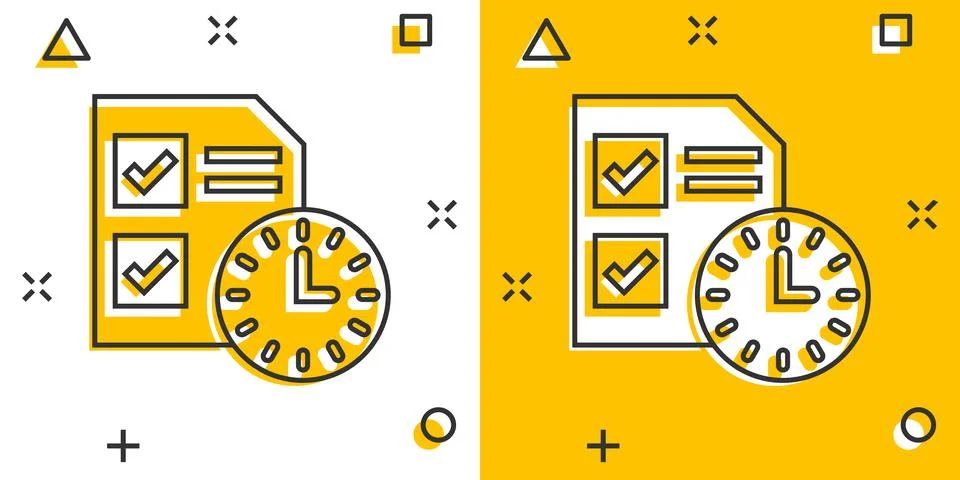 Contract time icon in comic style. Document with clock cartoon vector illustr Stock Illustration