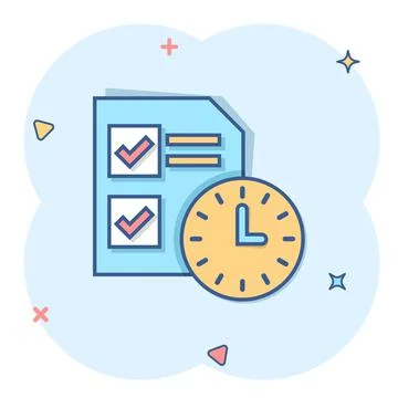 Contract time icon in comic style. Document with clock cartoon vector illustr Stock Illustration