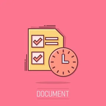 Contract time icon in comic style. Document with clock cartoon vector illus.. Stock Illustration