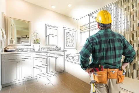 Contractor Facing Custom Master Bathroom Drawing and Photo Gradation. Stock Photos