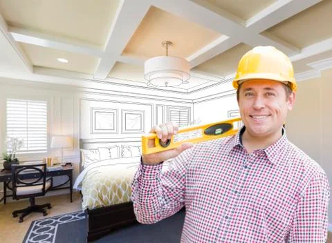 Contractor in Hard Hat Over Custom Bedroom Drawing and Photo Stock Photos