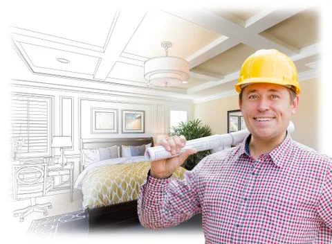 Contractor in Hard Hat Over Custom Bedroom Drawing and Photo Stock Photos