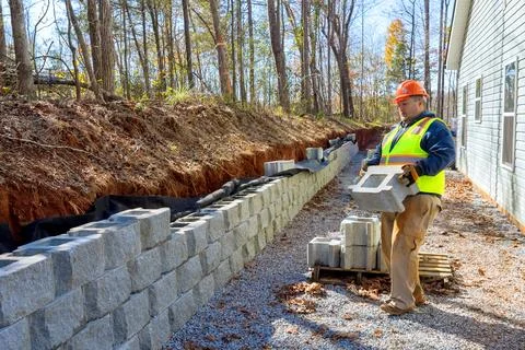 Contractor installed mounted concrete block retaining a walls Stock Photos