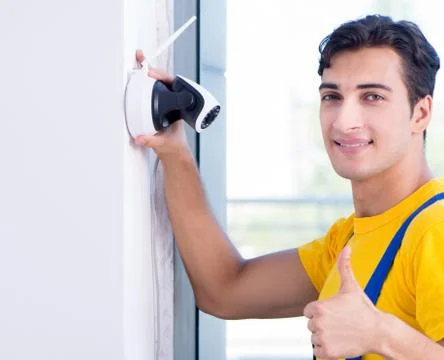 Contractor installing surveillance CCTV cameras in office Stock Photos