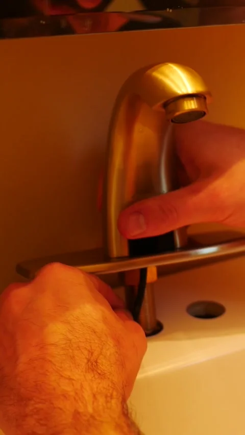 A Contractor Installs Motion Sensor Gold Faucet - Vertical Stock-Footage 334003115