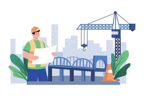 Contractor oversees bridge construction over river. Stock Illustration