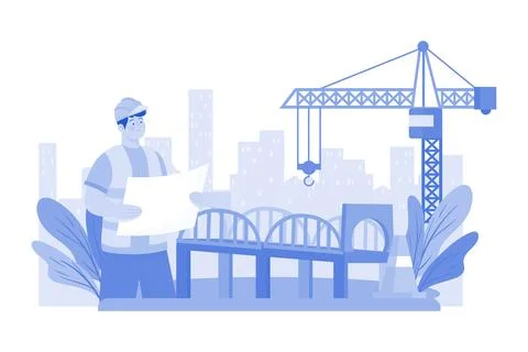 Contractor oversees bridge construction over river. Ilustração Stock