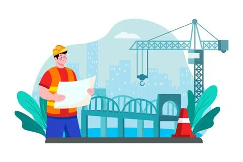 A contractor oversees the construction of a bridge over a major river. Ilustração Stock