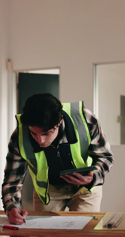 Contractor, tablet and blueprint for construction site, inspection check or Stock Footage 342328503