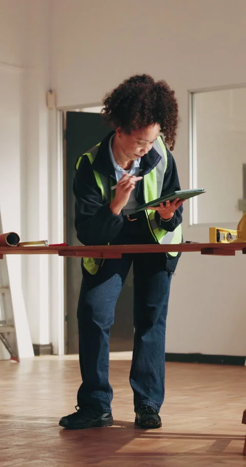 Contractor, tablet and drawing for construction site, blueprint inspection or Stock Footage 342329497