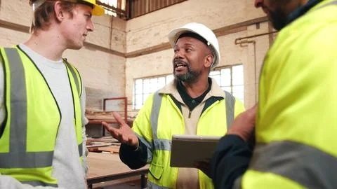 Contractor, tablet and men in workshop for woodwork, manufacturing and arti.. Stock Photos