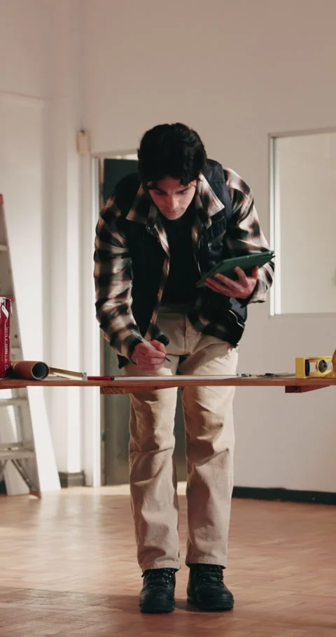 Contractor, tablet and notes for construction site, blueprint inspection or Stock Footage 342326803