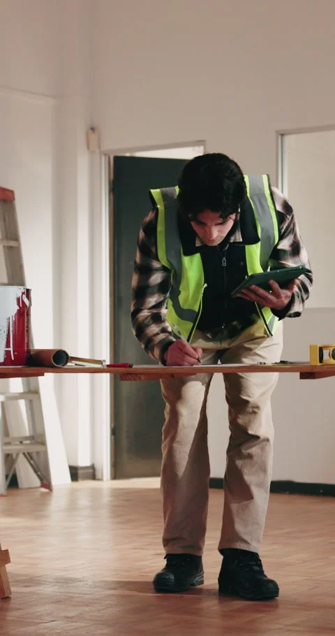 Contractor, tablet and writing for construction site, blueprint inspection or Stock Footage 342334337