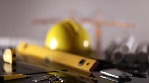 Contractor theme, blueprints, plans, hard hat, tools Stock-Footage 60389744
