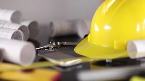 Contractor theme, blueprints, plans, hard hat, tools Stock Footage 60389977