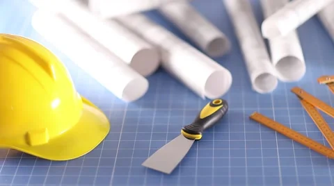 Contractor theme, blueprints, plans, hard hat, tools Stock Footage 60390039