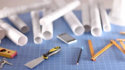 Contractor theme, blueprints, plans, hard hat, tools Stock Footage 60390067