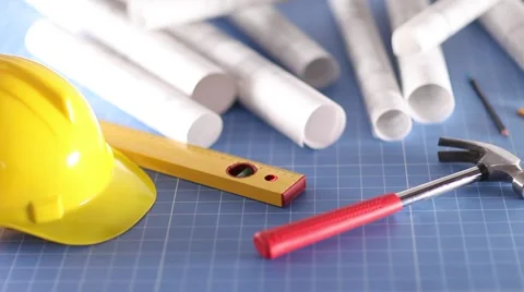 Contractor theme, blueprints, plans, hard hat, tools Stock Footage 60390084