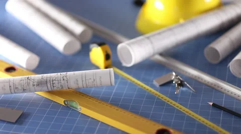 Contractor theme, blueprints, plans, hard hat, tools Stock Footage 60390104