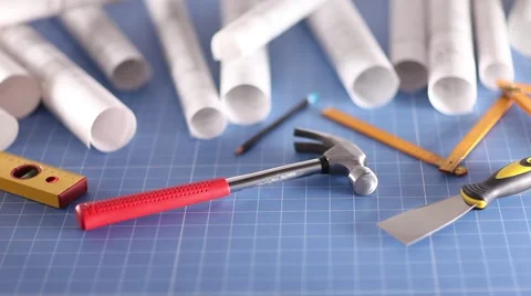 Contractor theme, blueprints, plans, hard hat, tools Stock Footage 60390112