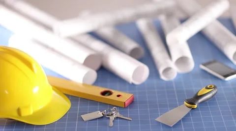 Contractor theme, blueprints, plans, hard hat, tools Stock Footage 60390116