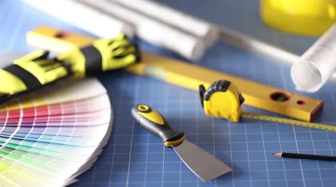 Contractor theme, blueprints, plans, hard hat, tools Stock Footage 60390160