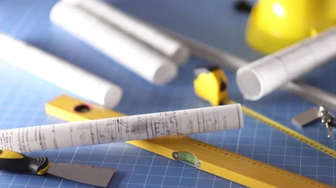 Contractor theme, blueprints, plans, hard hat, tools Stock Footage 60390170
