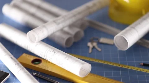 Contractor theme, blueprints, plans, hard hat, tools Stock Footage 60390180