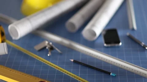 Contractor theme, blueprints, plans, hard hat, tools Stock Footage 60390201