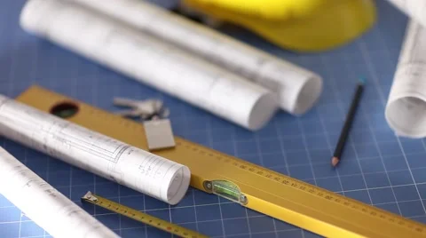 Contractor theme, blueprints, plans, hard hat, tools Stock Footage 60390204