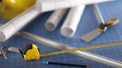 Contractor theme, blueprints, plans, hard hat, tools Stock Footage 60390206