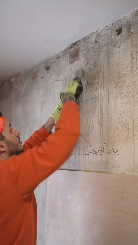 Contractor using spatula wallpapers removal vertical home renovation Stock Footage 300363624