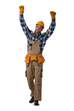 Contractor worker with arms raised Stock Photos