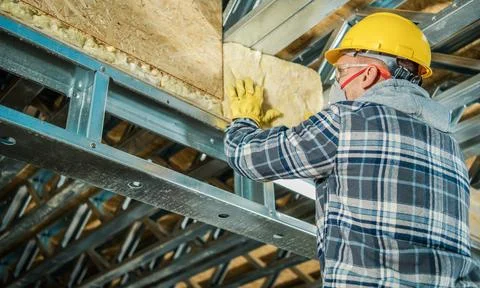 Contractor Worker Installing Mineral Wool Insulation Stock-Fotos