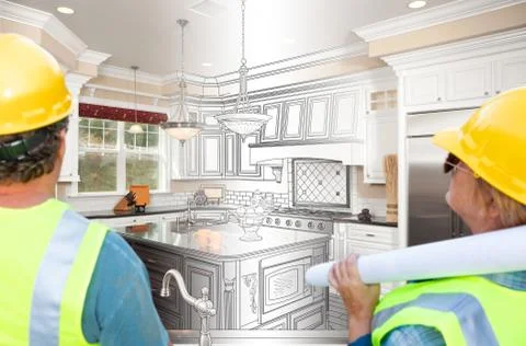 Contractors Overlooking Kitchen Drawing Transition to Completed Project Fotos de archivo