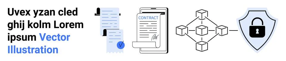 Contracts, documents, blockchain network, and shield with lock symbol. Ideal  Stock Illustration