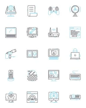 Contraption linear icons set. Machine, Rube Goldberg, Gadget, Device, Invention Illustrazione stock