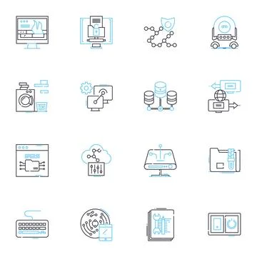 Contraption linear icons set. Machine, Rube Goldberg, Gadget, Device, Invention Illustrazione stock