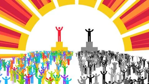 Contrast 3d rendering of optimistic multicolored and black and white people r Stock Illustration