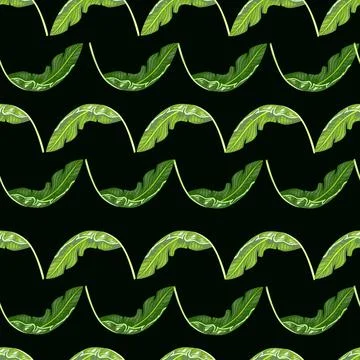 Contrast abstract seamless pattern with green doodle banana leaf elements pri Illustrazione stock